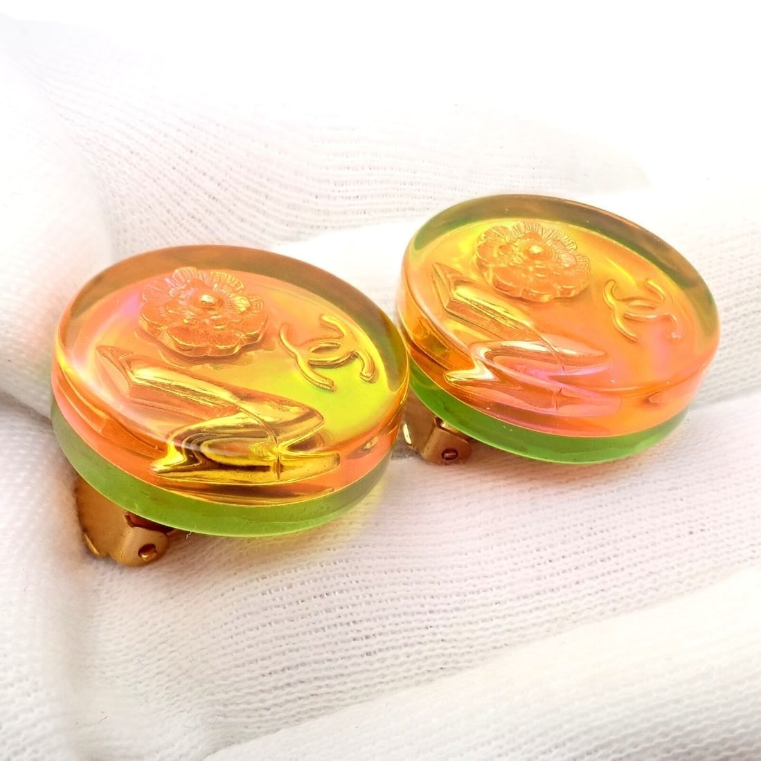 Rare! Vintage Chanel Paris France Holographic Logo Camellia Earrings 1997 Spring - 8