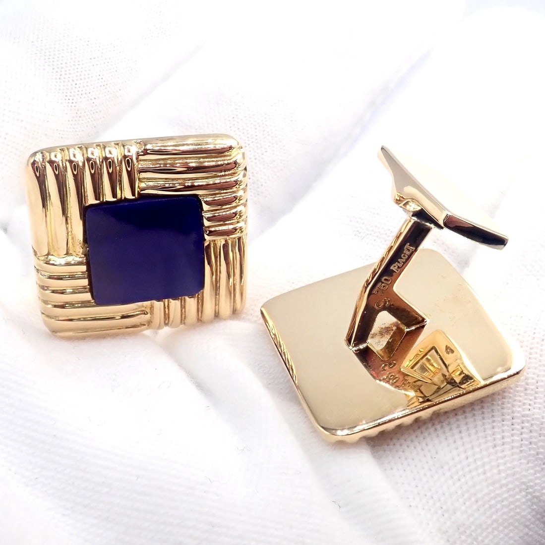 Piaget 18k Yellow Gold Large Lapis Lazuli Rope Square Gold Cufflinks - 6