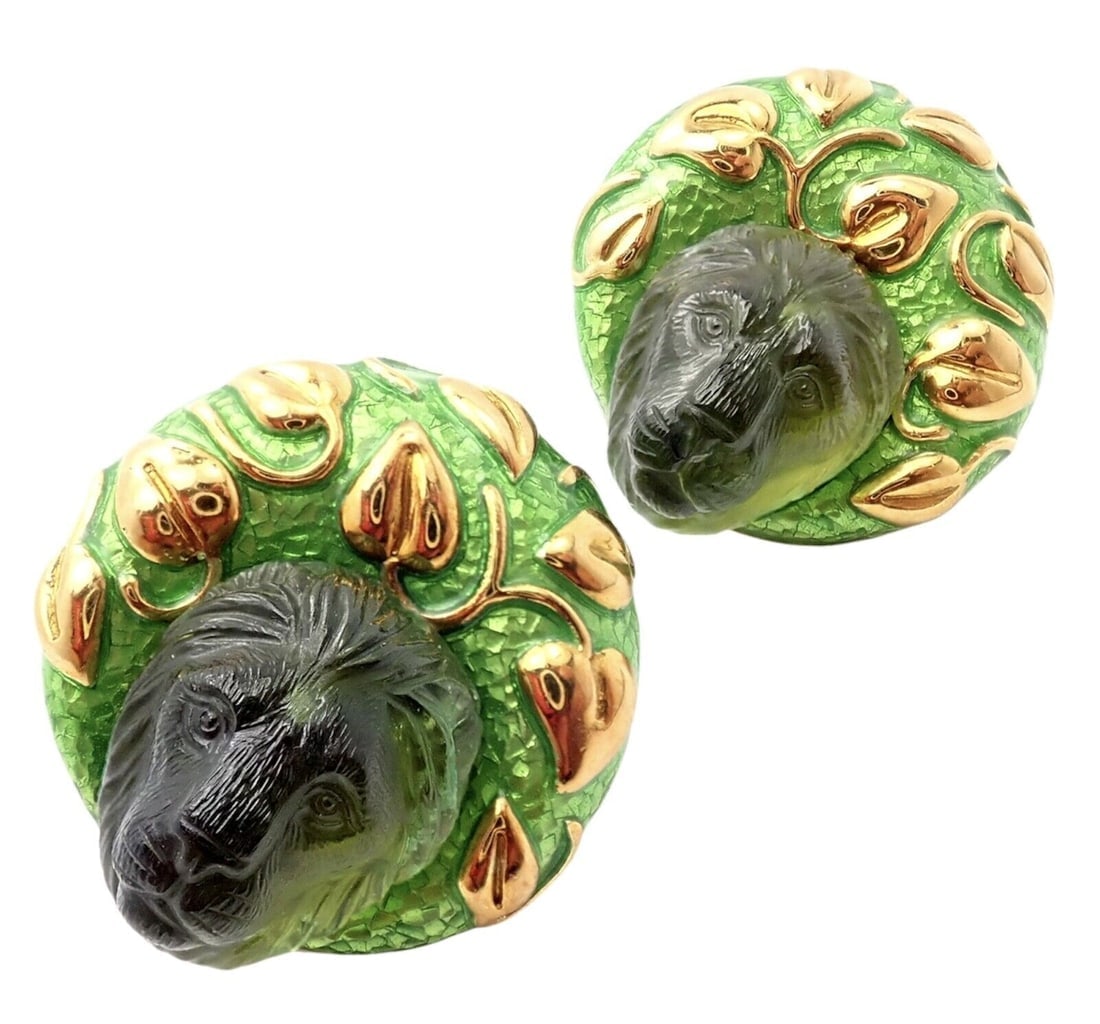 Elizabeth Gage 18k Yellow Gold Carved Green Tourmaline Enamel Lion Earrings - 6