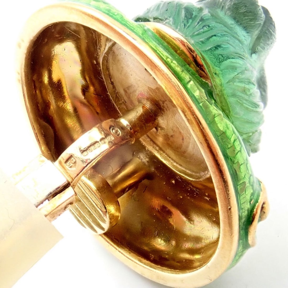 Elizabeth Gage 18k Yellow Gold Carved Green Tourmaline Enamel Lion Earrings - 9
