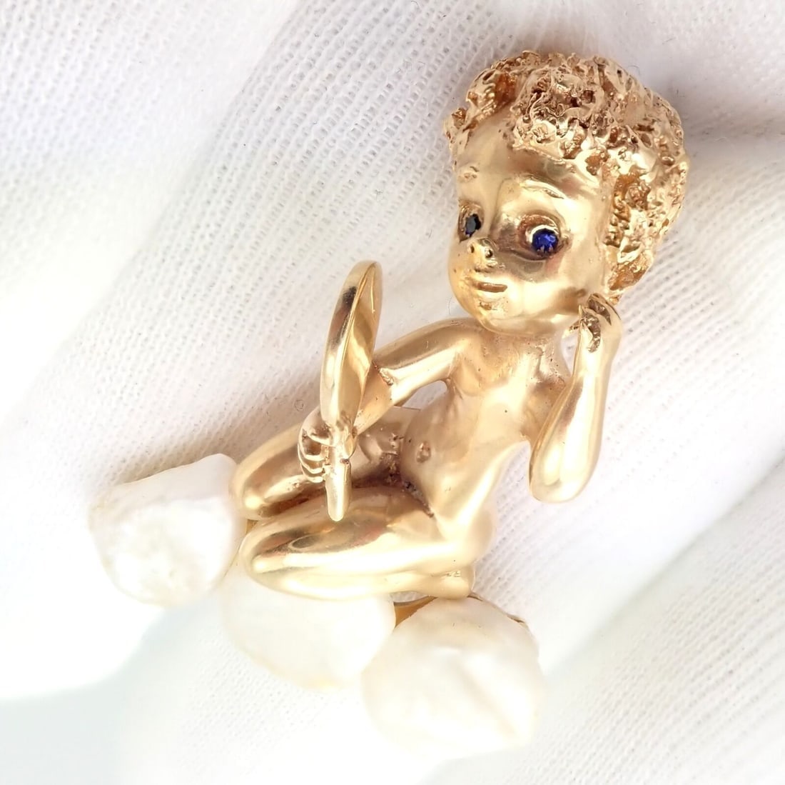 Rare Large Ruser 14k Yellow Gold Sapphire Pearl Mondays Child Pin Brooch - 6