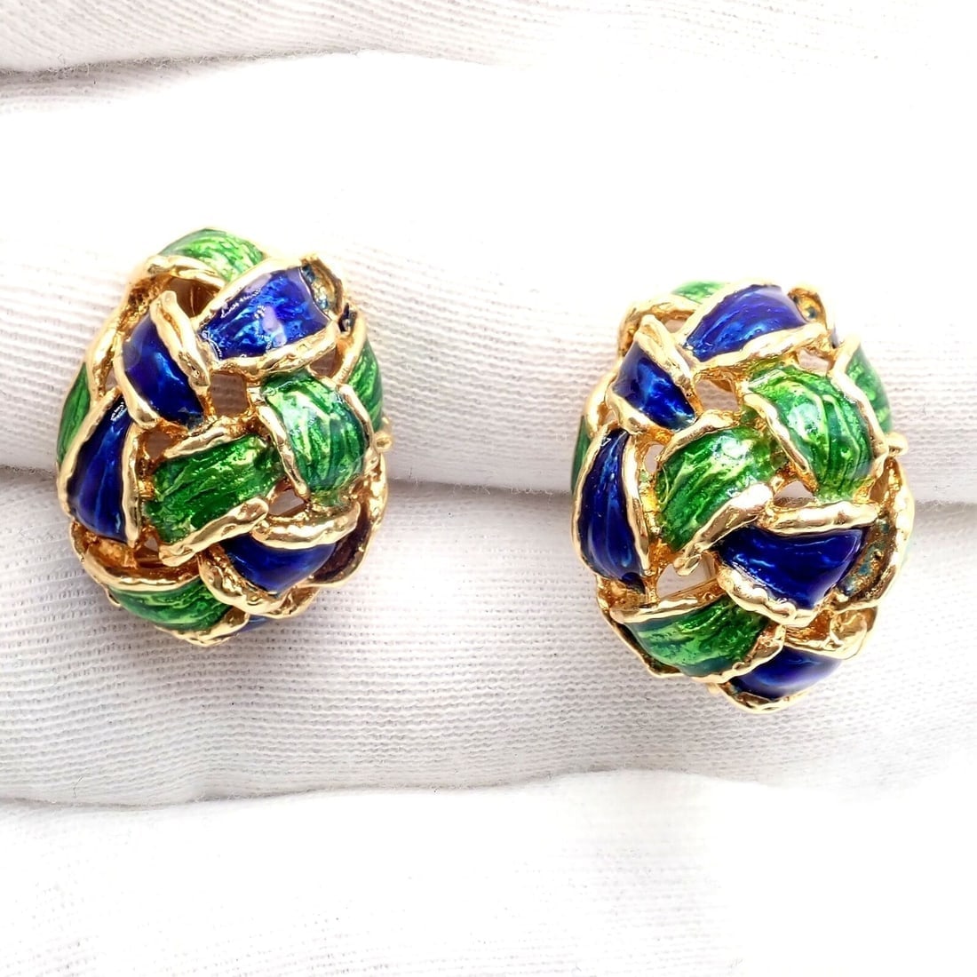 Vintage Tiffany & Co Green Blue Enamel 18k Yellow Gold Basket Weave Earrings - 3