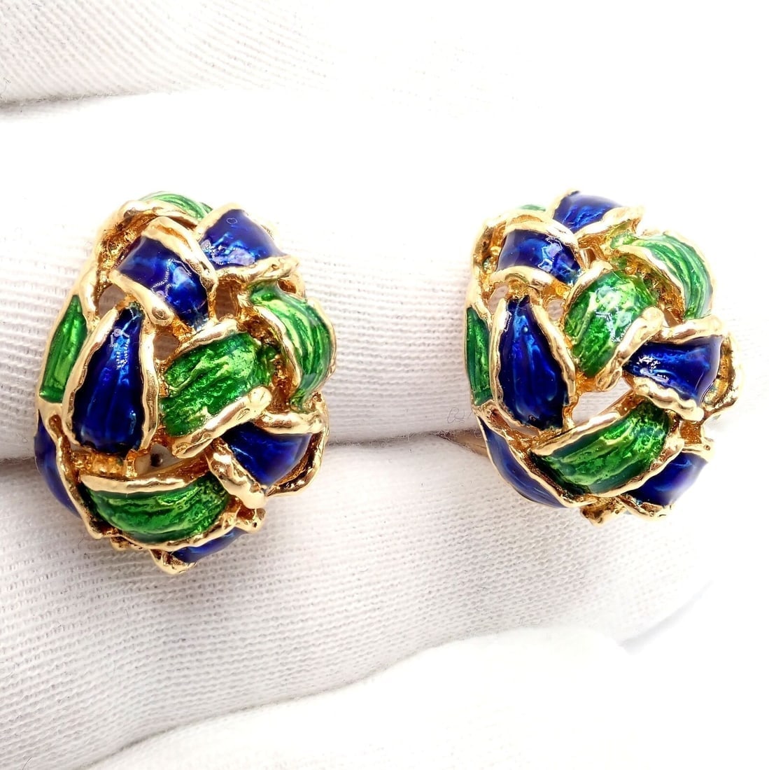 Vintage Tiffany & Co Green Blue Enamel 18k Yellow Gold Basket Weave Earrings - 5