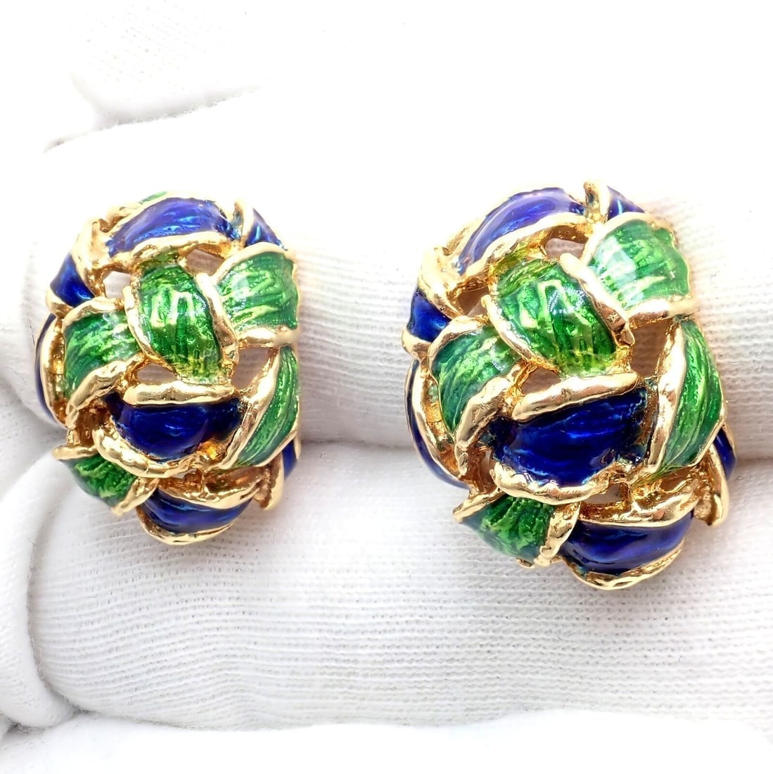 Vintage Tiffany & Co Green Blue Enamel 18k Yellow Gold Basket Weave Earrings - 6