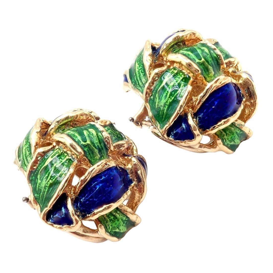 Vintage Tiffany & Co Green Blue Enamel 18k Yellow Gold Basket Weave Earrings - 8