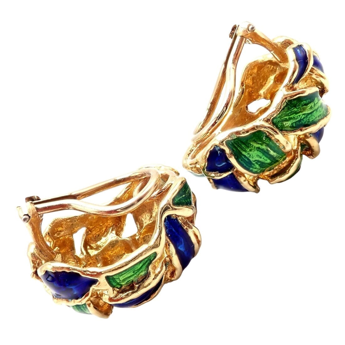 Vintage Tiffany & Co Green Blue Enamel 18k Yellow Gold Basket Weave Earrings - 9
