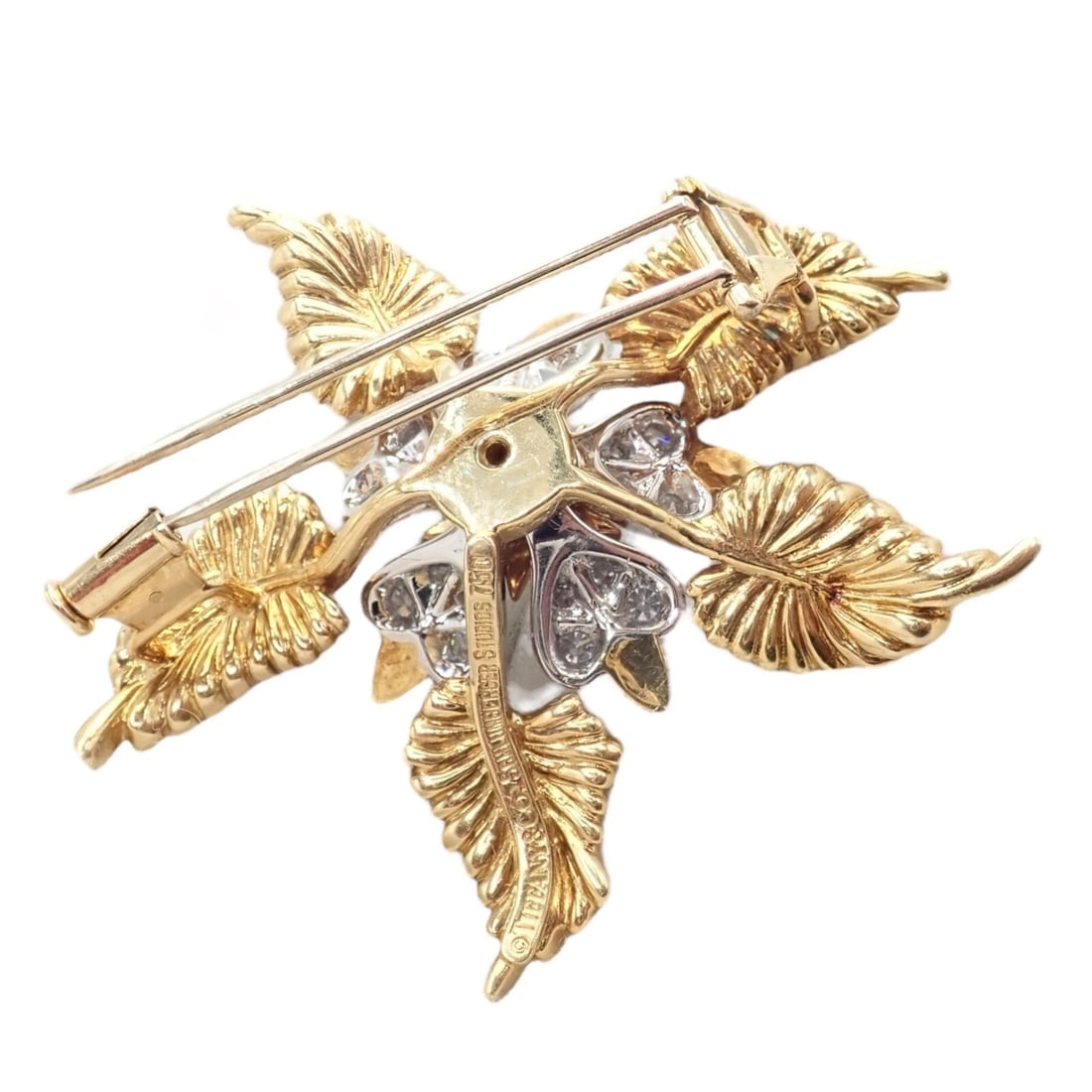 Tiffany & Co Schlumberger 18k Yellow Gold Platinum Diamond 5 Leaf Pin Brooch - 2