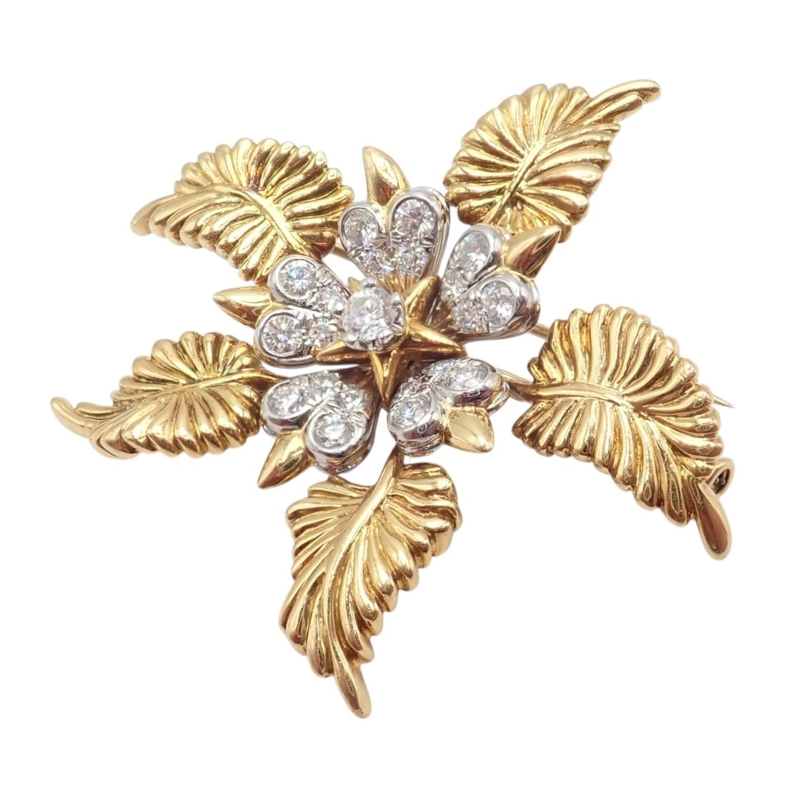 Tiffany & Co Schlumberger 18k Yellow Gold Platinum Diamond 5 Leaf Pin Brooch - 7