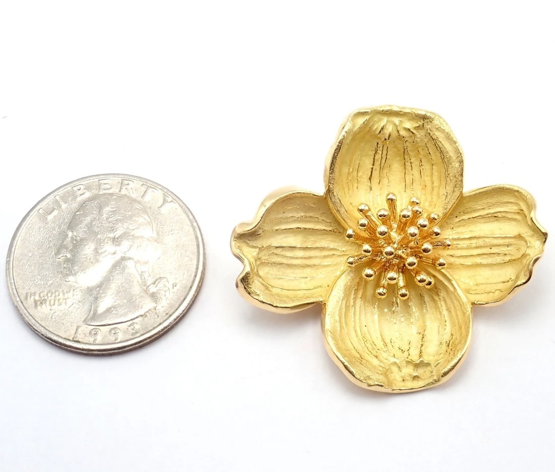Authentic! Tiffany & Co. 18k Yellow Gold Dogwood Flower Pin Brooch - 2