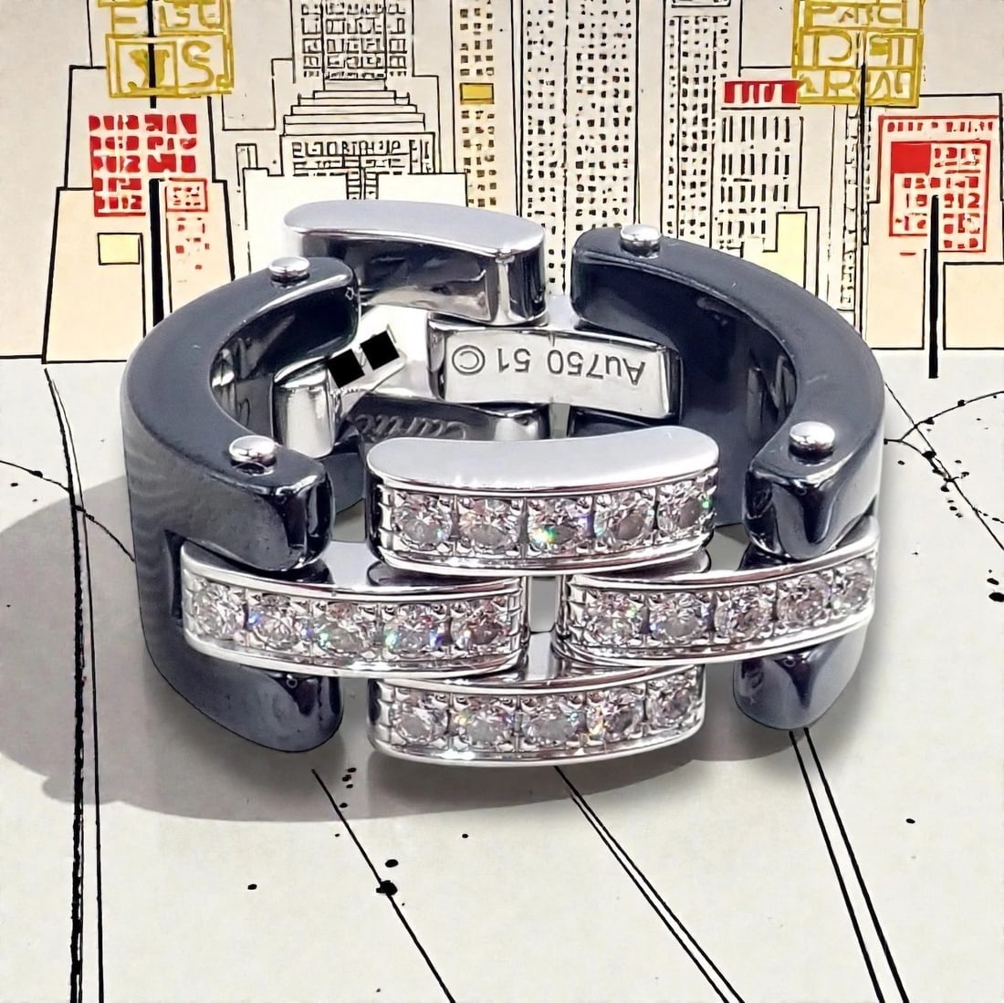 Cartier 18k White Gold Diamond Ceramic Maillon Panthere Ring Size 51 US 5.75 - 2
