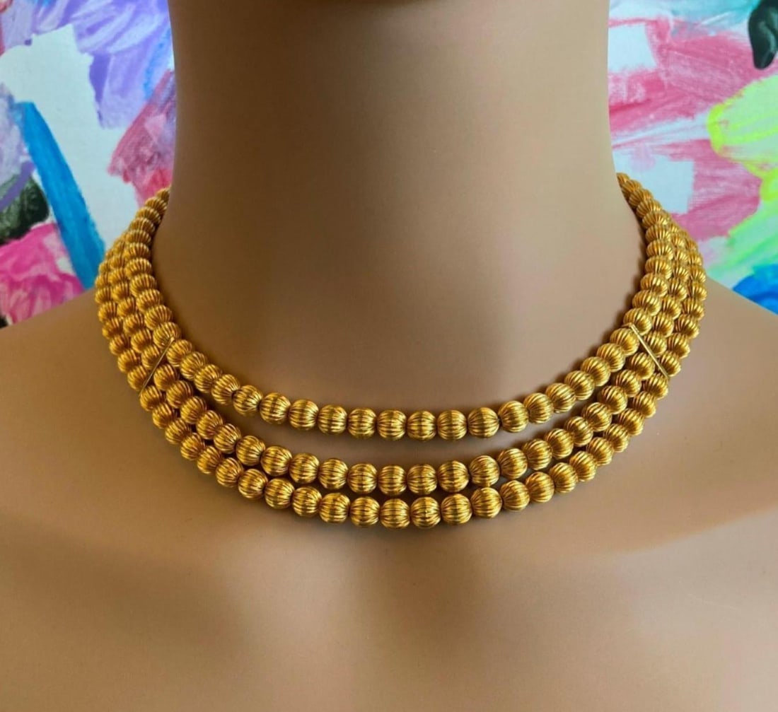 Vintage Estate Ilias Lalaounis 18k Yellow Gold Carved Bead Ball Necklace - 3