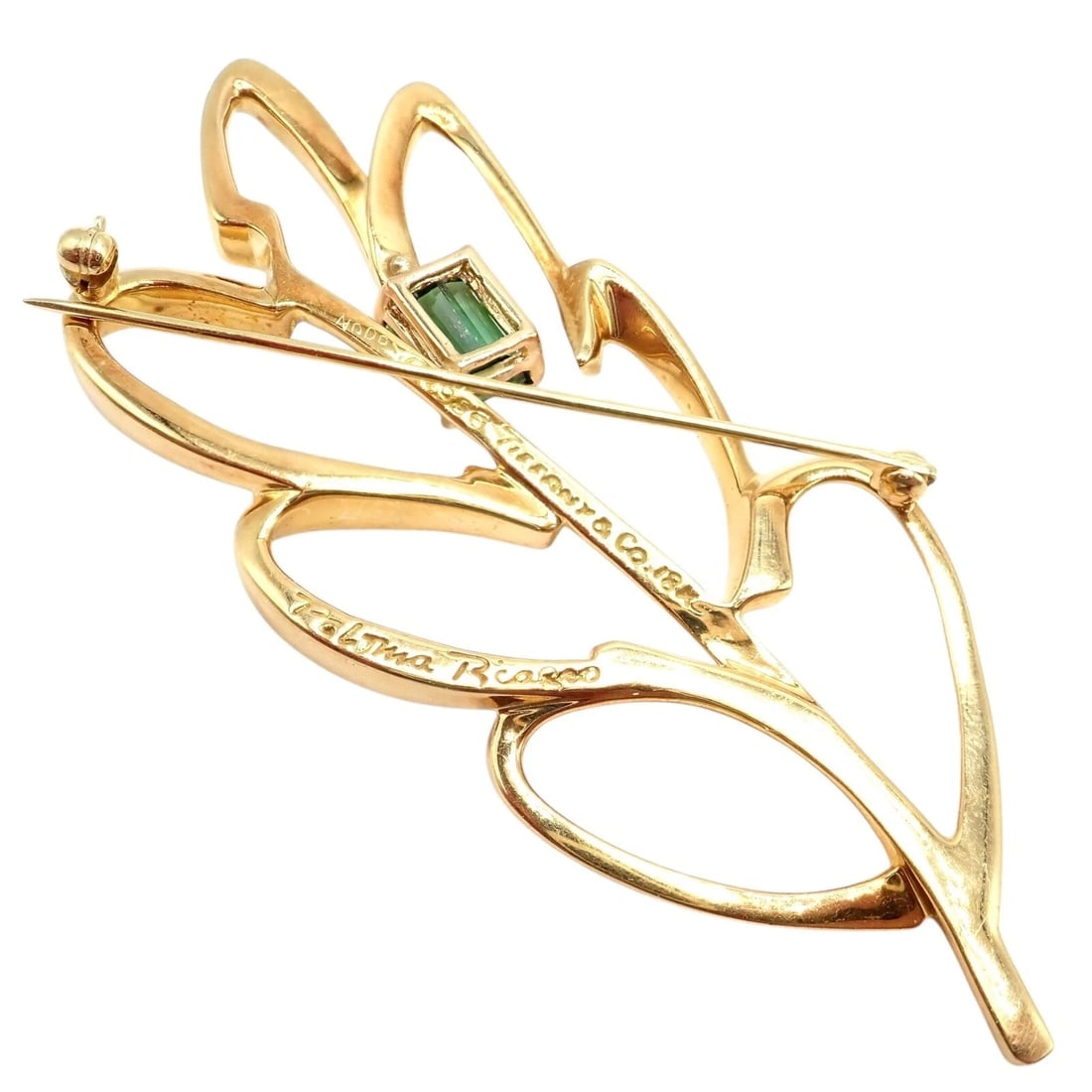 Vintage Tiffany & Co Paloma Picasso 18k Yellow Gold Green Tourmaline Leaf Brooch - 2