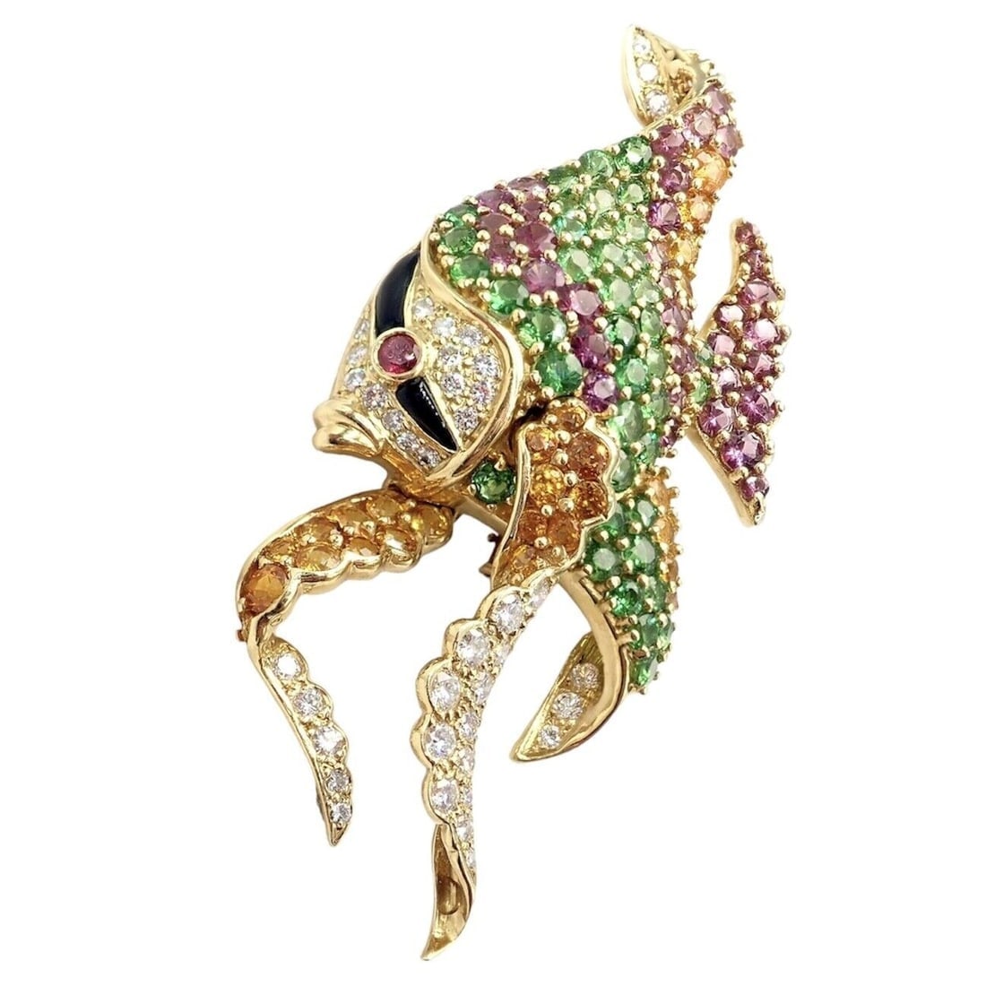 Authentic! Rare Jean Vitau 18k Yellow Gold Diamond Color Stone Angel Fish Brooch - 4