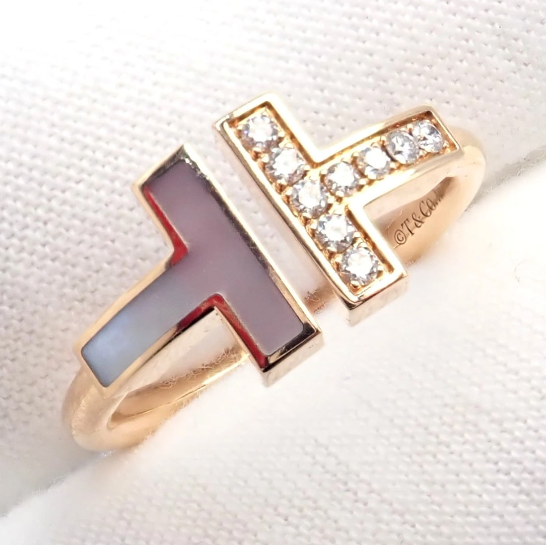 Authentic Tiffany & Co. 18k Yellow Gold Diamond Mother of Pearl T Wire Ring sz 6 - 3