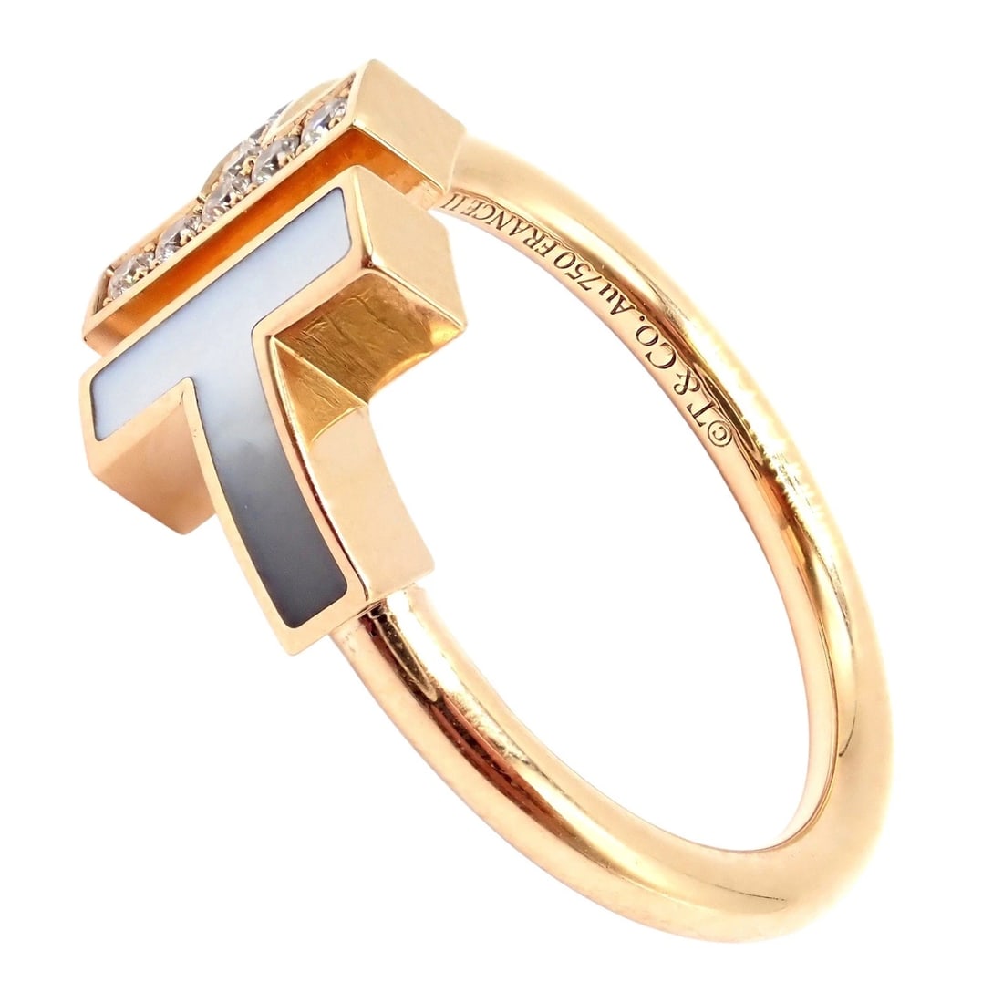 Authentic Tiffany & Co. 18k Yellow Gold Diamond Mother of Pearl T Wire Ring sz 6 - 5