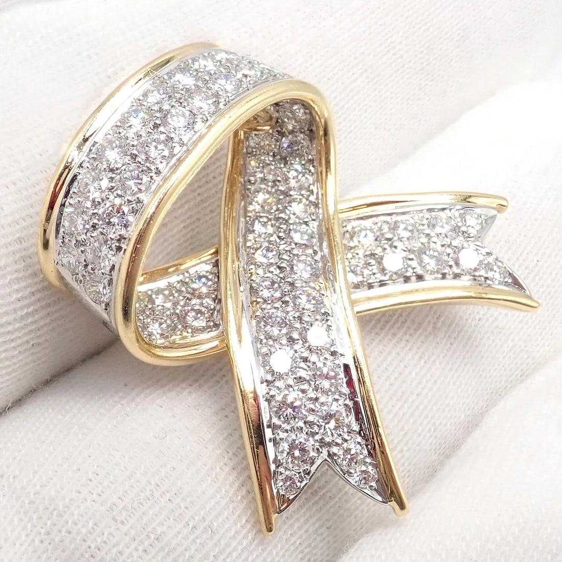 Vintage! Tiffany & Co 18k Yellow Gold Platinum Diamond Ribbon Bow Pin Brooch - 7