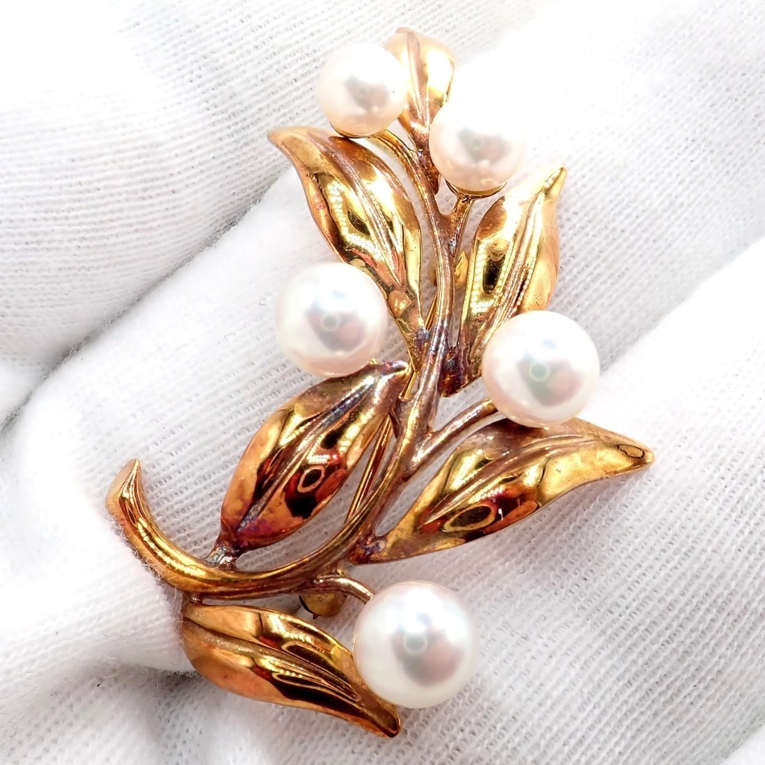 Vintage Tiffany & Co 18k Gold 5 Pearl Leaf Branch Pin Brooch 1987 - 3