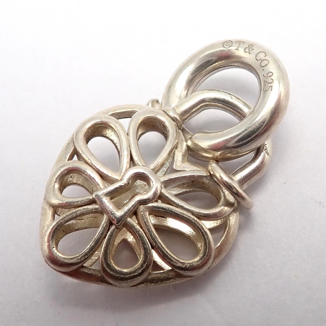 Tiffany & Co. Silver Heart Daisy Padlock Charm Pendant + Spring Ring Clasp - 7
