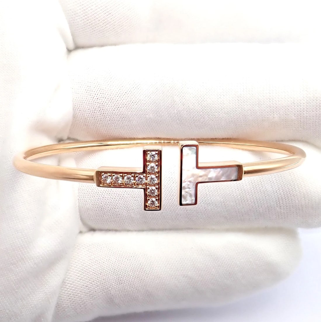 Authentic! Tiffany & Co 18k Yellow Gold Diamond T Wire Mother of Pearl Bracelet - 3