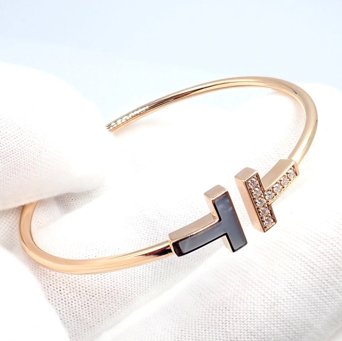 Authentic! Tiffany & Co 18k Yellow Gold Diamond T Wire Mother of Pearl Bracelet - 5