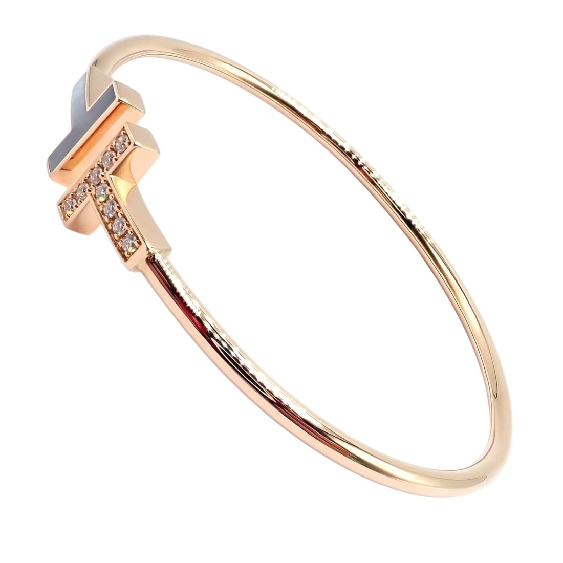 Authentic! Tiffany & Co 18k Yellow Gold Diamond T Wire Mother of Pearl Bracelet - 6