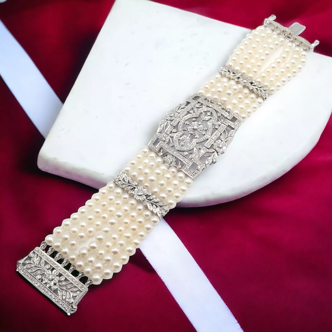 Vintage Estate 18k White Gold Diamond 7 Row 4.5mm Pearl Bracelet - 2