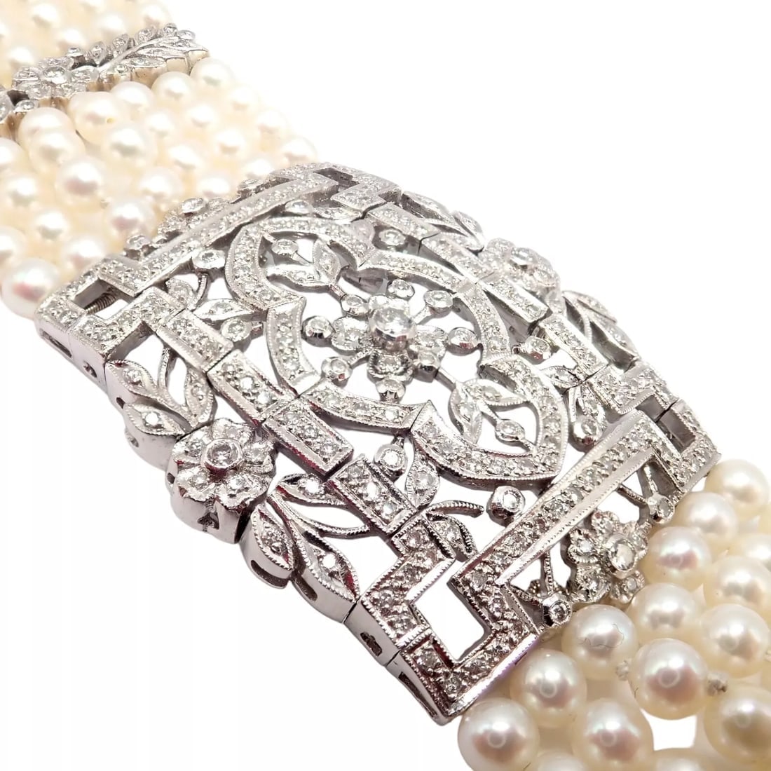 Vintage Estate 18k White Gold Diamond 7 Row 4.5mm Pearl Bracelet - 7