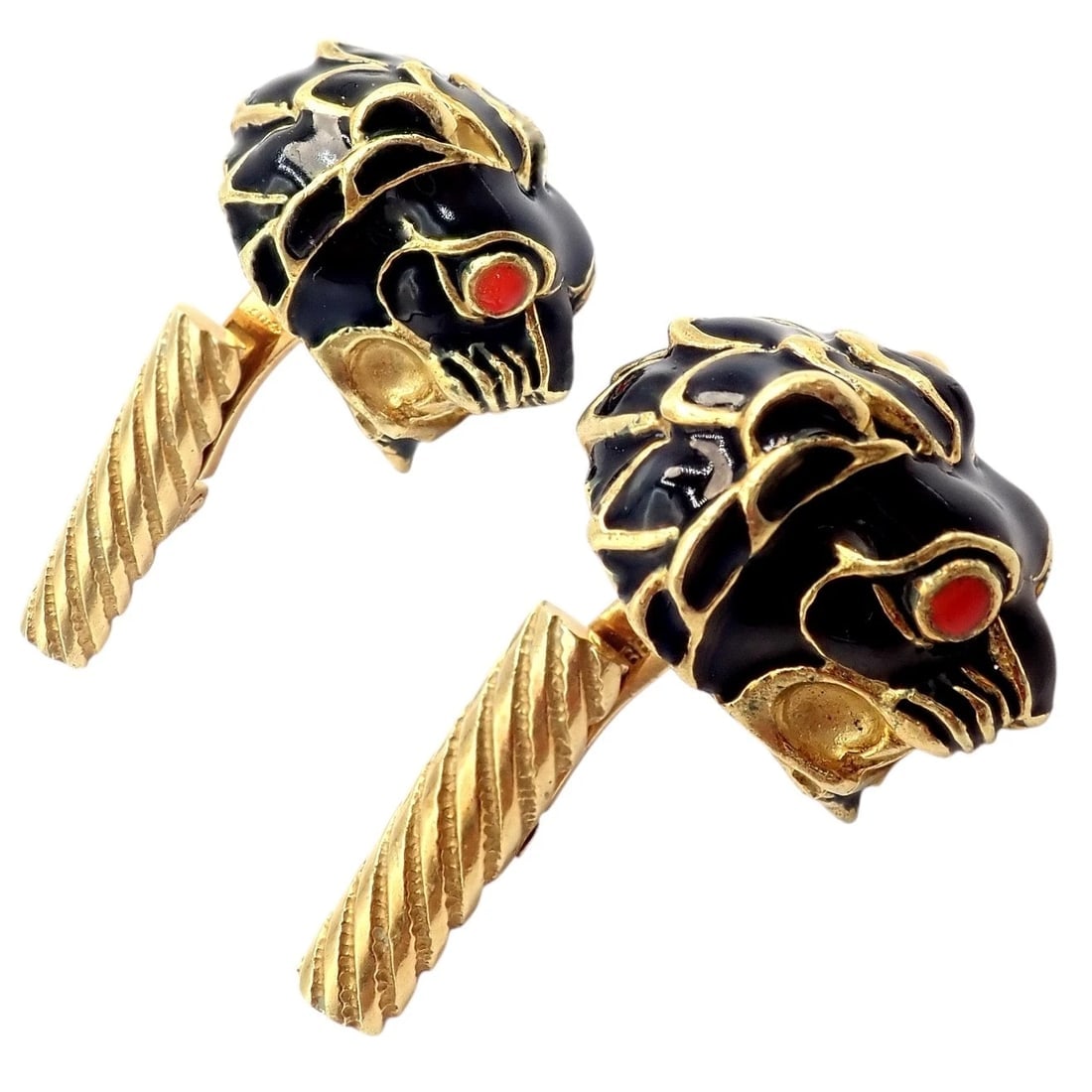 Vintage! David Webb 18k Yellow Gold Black Enamel Lion Cufflinks - 3
