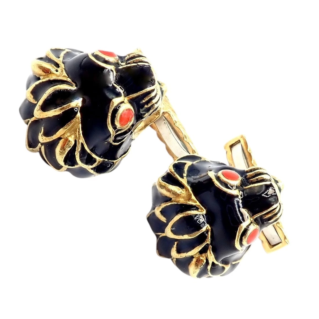 Vintage! David Webb 18k Yellow Gold Black Enamel Lion Cufflinks - 4