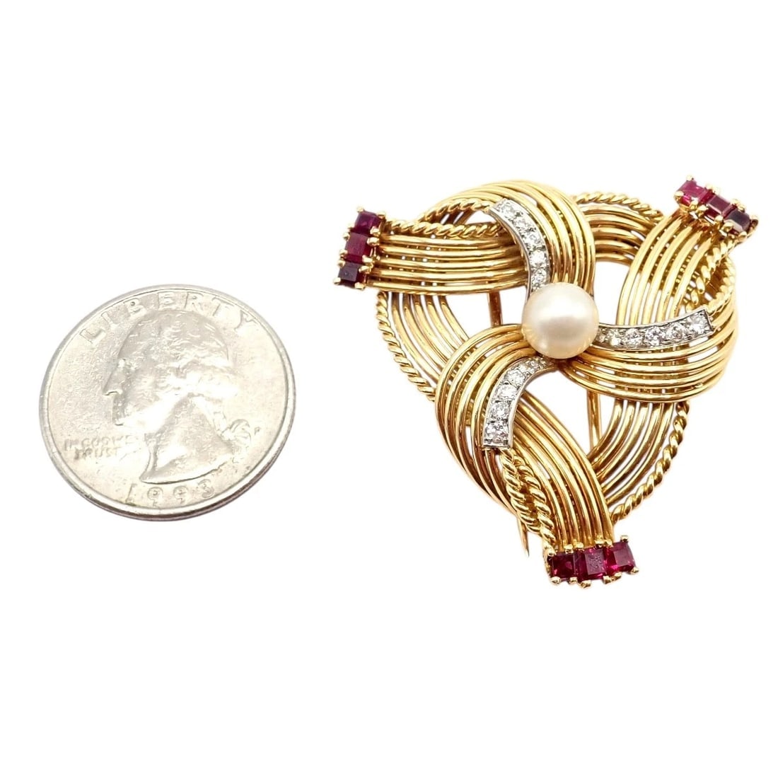 Vintage Cartier 18k Yellow Gold Diamond Ruby Pearl Pin Brooch 1960s - 5