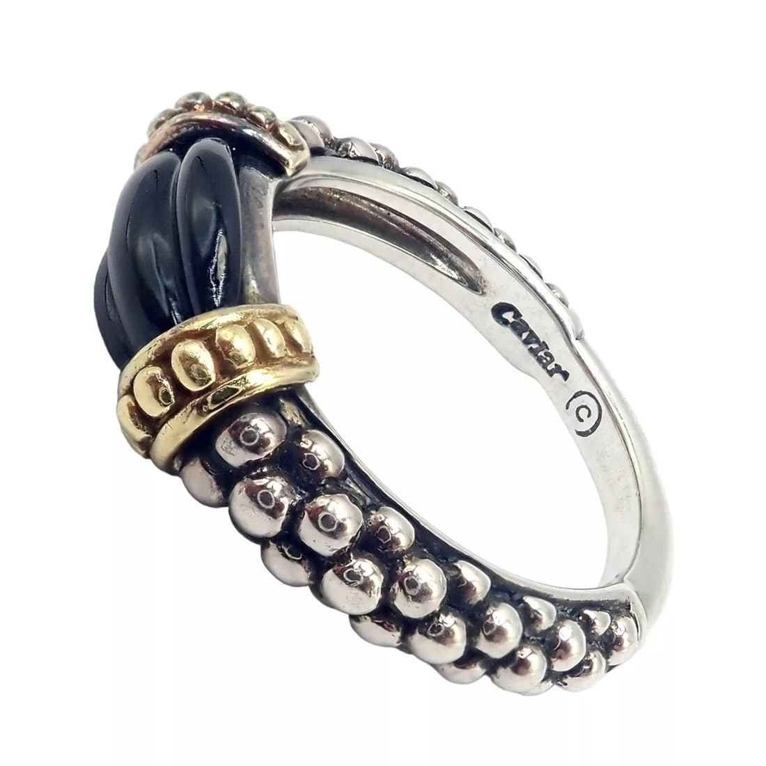Authentic! Lagos Caviar Silver + 18k Yellow Gold Onyx Ring sz 5.5 - 3