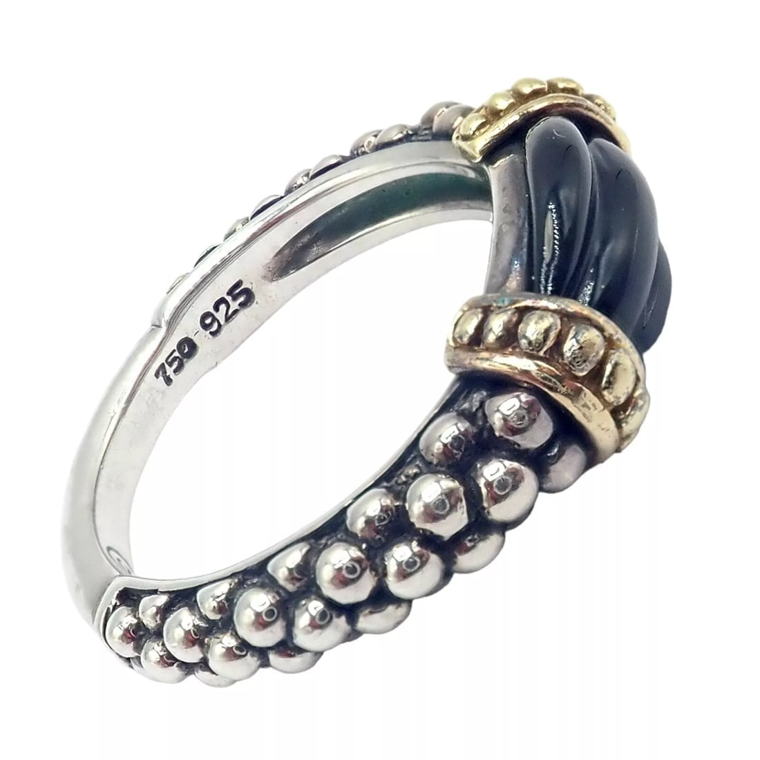 Authentic! Lagos Caviar Silver + 18k Yellow Gold Onyx Ring sz 5.5 - 4