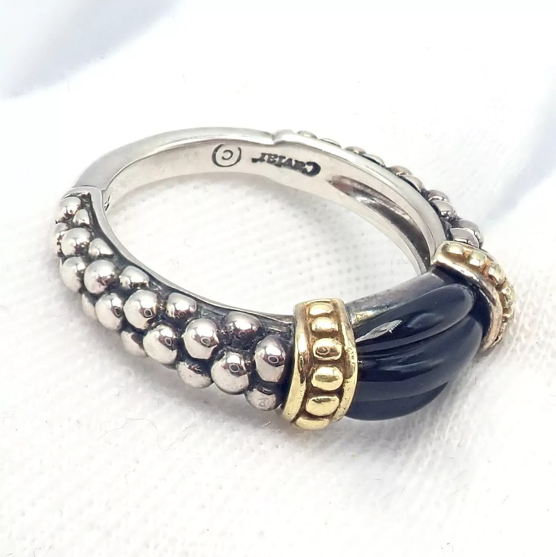 Authentic! Lagos Caviar Silver + 18k Yellow Gold Onyx Ring sz 5.5 - 5