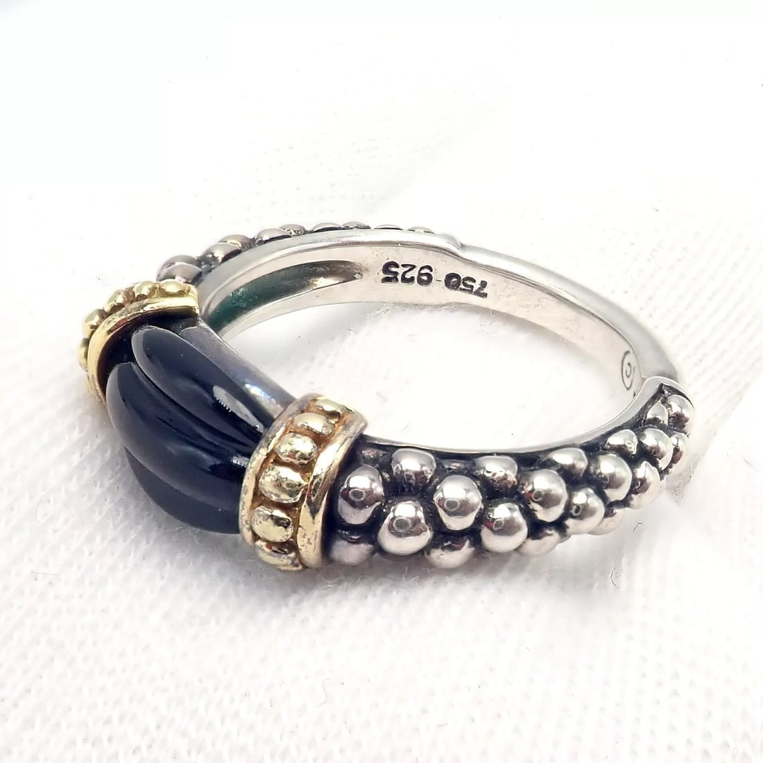 Authentic! Lagos Caviar Silver + 18k Yellow Gold Onyx Ring sz 5.5 - 6