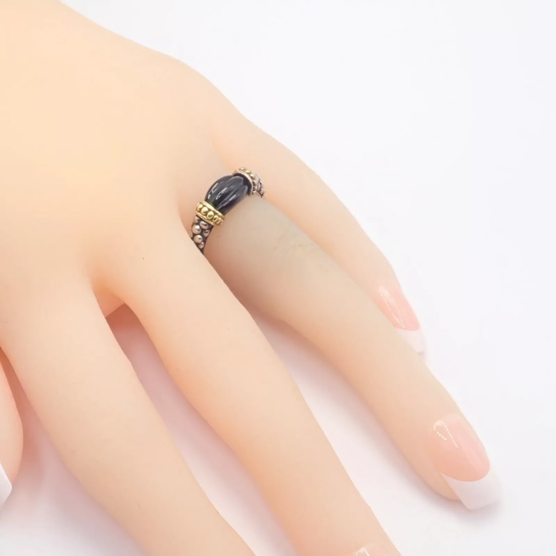 Authentic! Lagos Caviar Silver + 18k Yellow Gold Onyx Ring sz 5.5 - 8