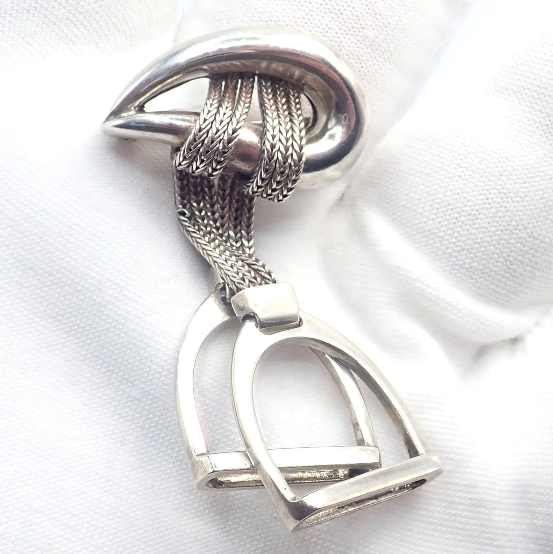 Authentic! Hermes Sterling Silver Double Stirrup Brooch Pin - 7
