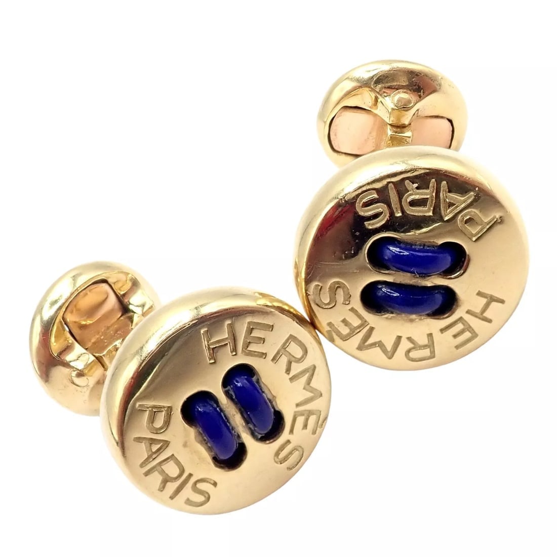 Rare! Vintage Authentic Hermes Paris 18k Yellow Gold Mens Lapis Button Cufflinks - 3