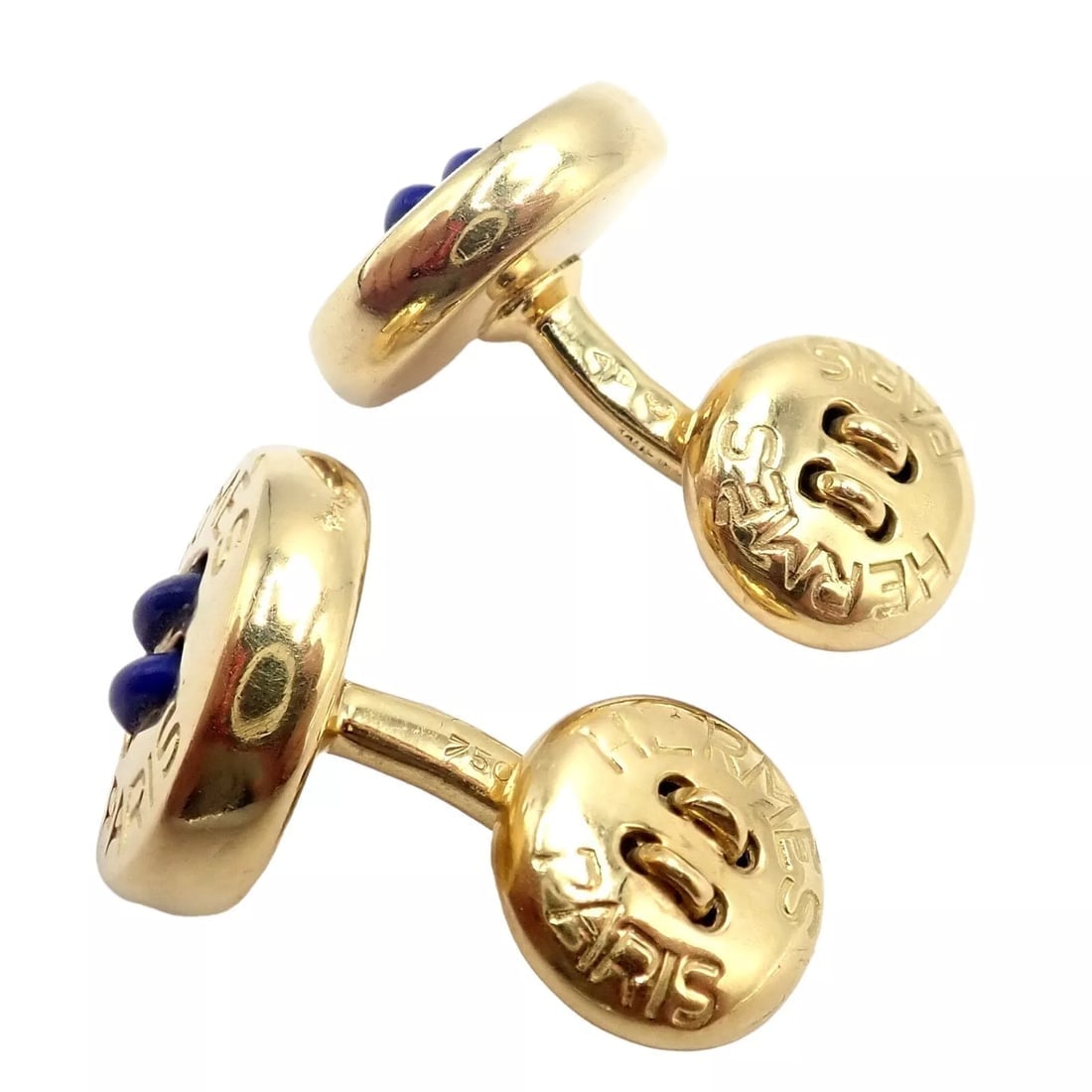 Rare! Vintage Authentic Hermes Paris 18k Yellow Gold Mens Lapis Button Cufflinks - 4
