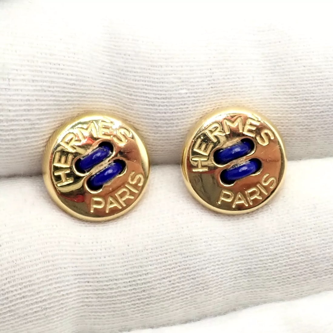 Rare! Vintage Authentic Hermes Paris 18k Yellow Gold Mens Lapis Button Cufflinks - 6