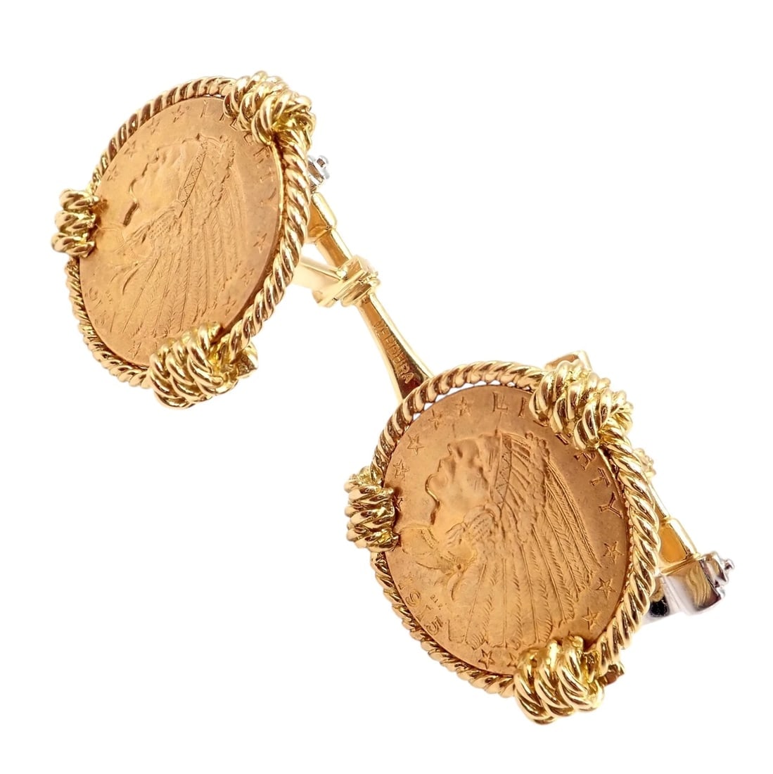 Verdura Five Buck 18k & 22k Yellow + White Gold Indian Head Coin Cufflinks - 5