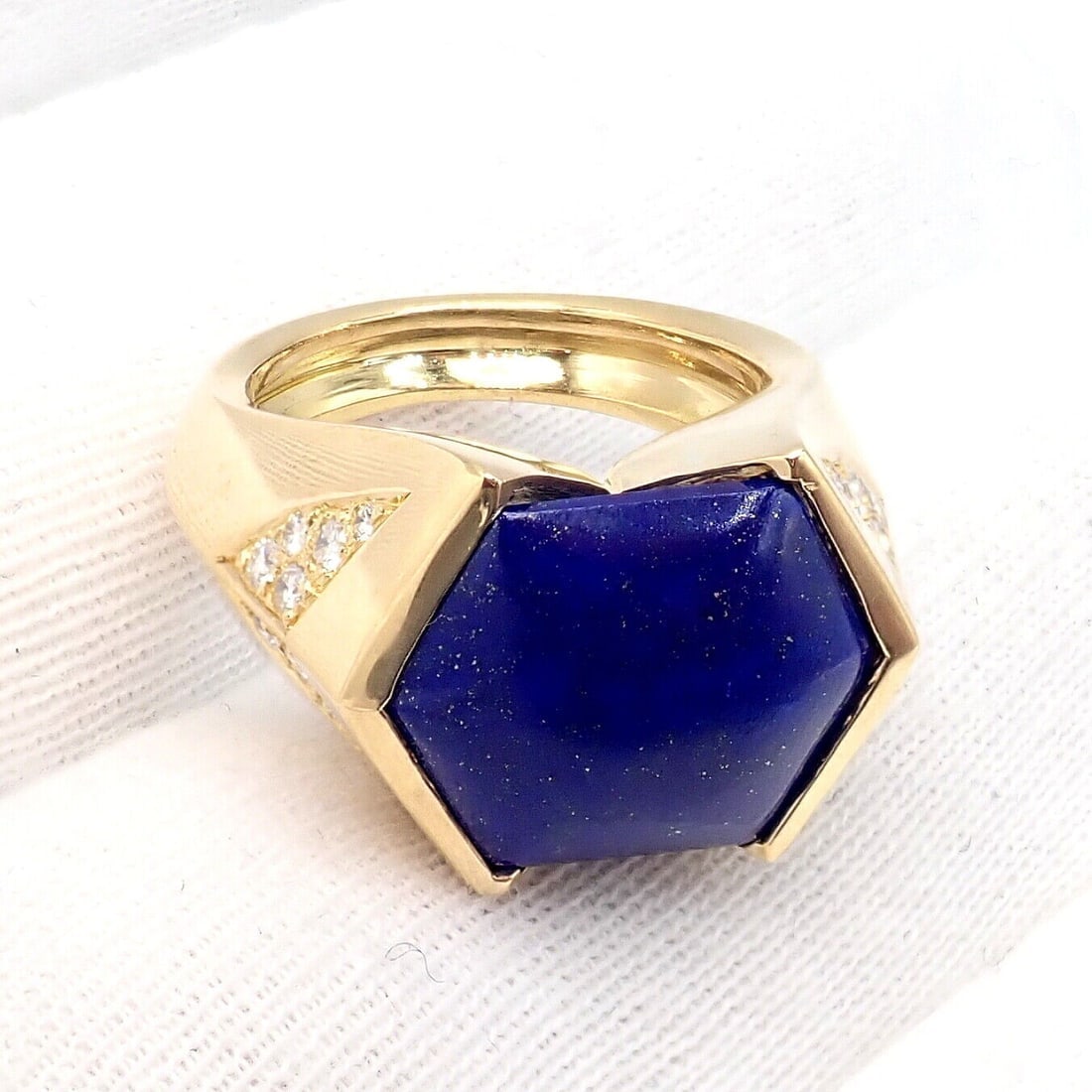 Authentic! Julius Cohen 18k Yellow Gold Diamond Lapis Ring - 8
