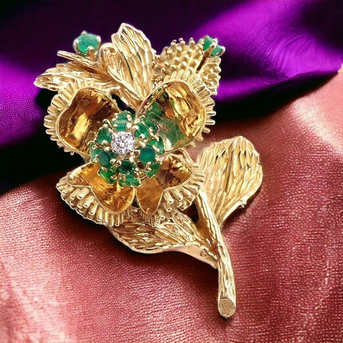 Rare! Tiffany & Co 18k Yellow Gold Diamond Emerald Flower Night & Day Brooch Pin - 2