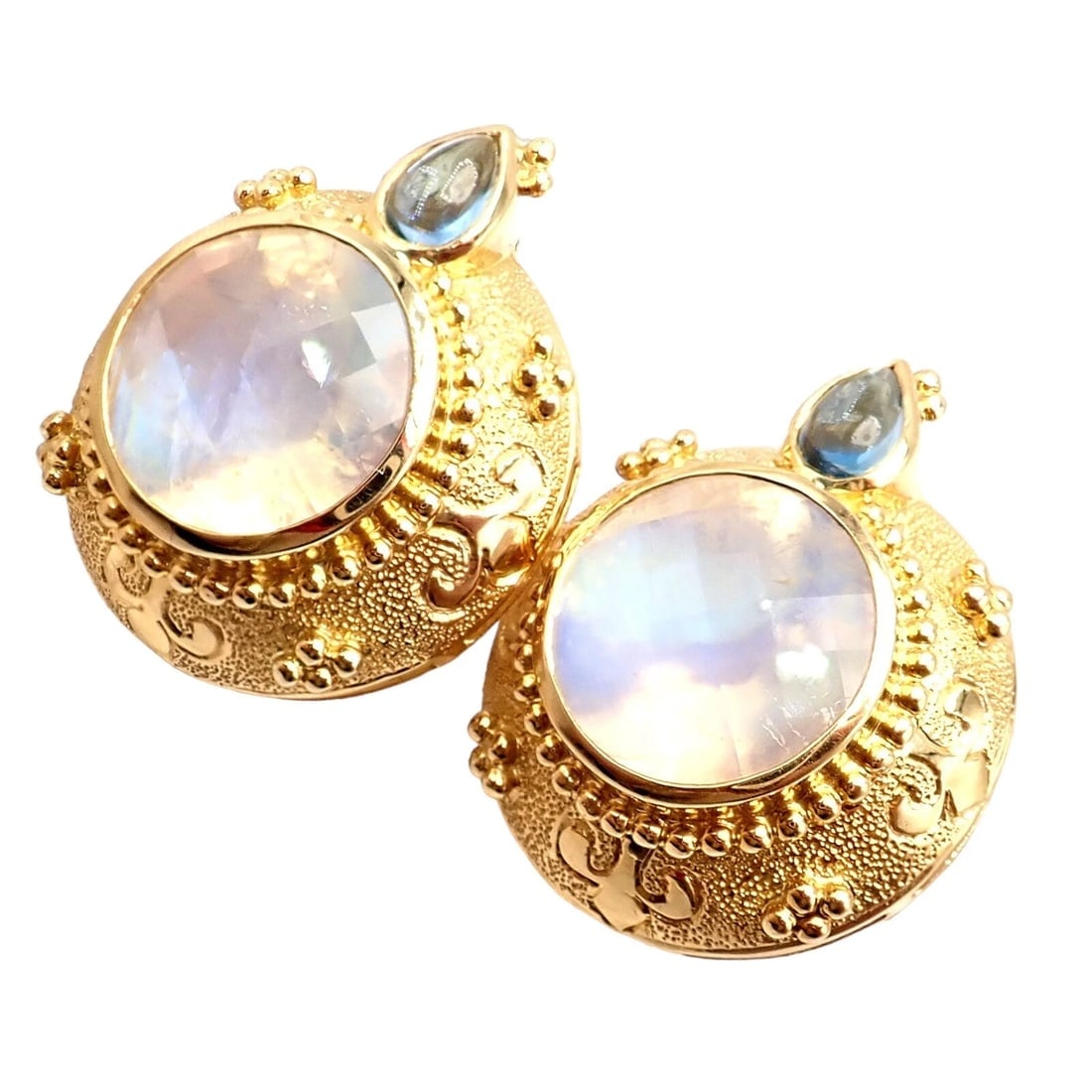 Rare! Vintage Paula Crevoshay 18k Gold Aquamarine Moonstone Round Earrings OOAK - 7
