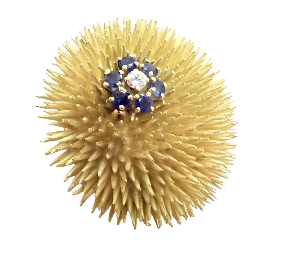 Tiffany & Co 18k Yellow Gold Sapphire Diamond Large Urchin Brooch Pin 1960's - 5