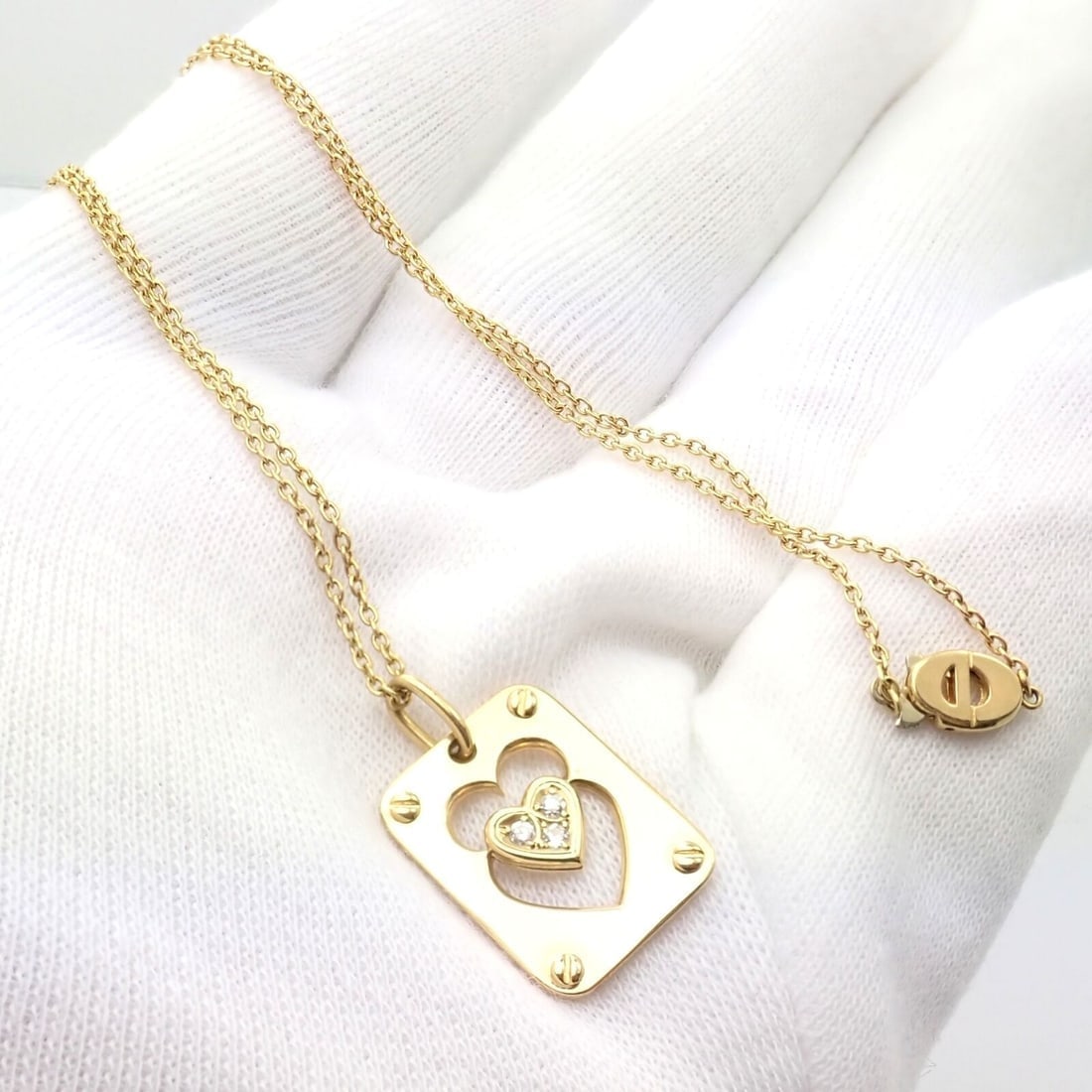 Rare! Christian Dior 18k Yellow Gold Diamond Ace Of Hearts Card Pendant Necklace - 2