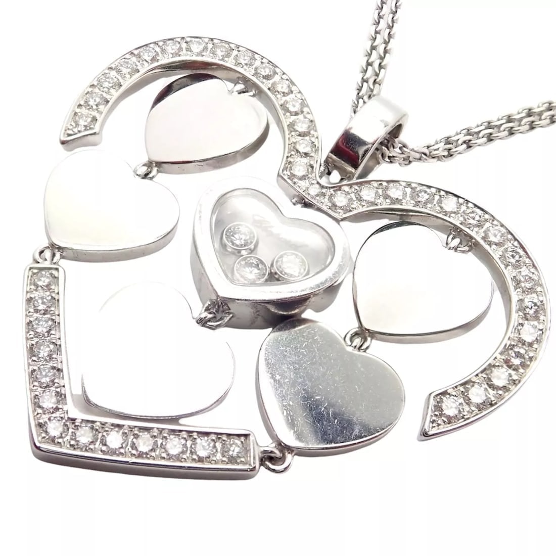 Authentic! Chopard 18k White Gold Large Double Happy Hearts Diamond Necklace - 3