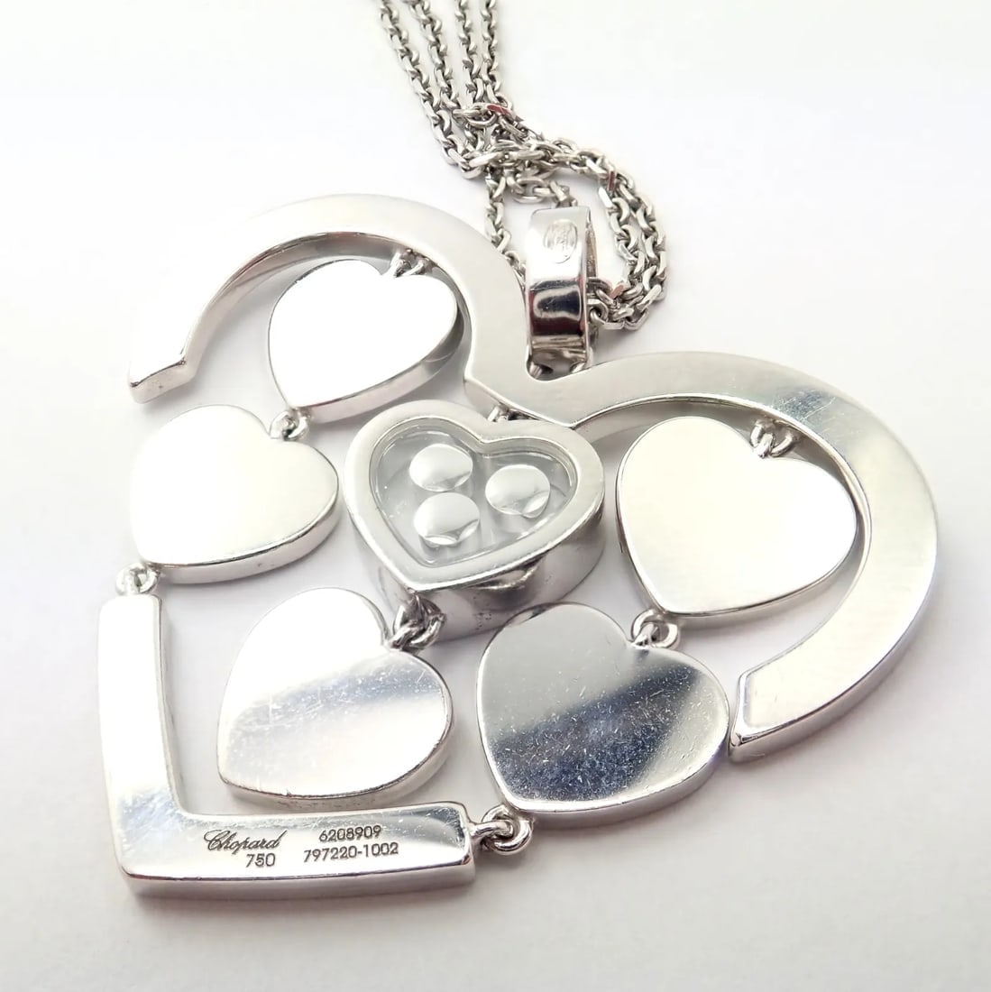 Authentic! Chopard 18k White Gold Large Double Happy Hearts Diamond Necklace - 4