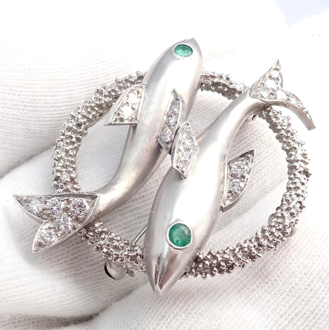 Cartier 18k White Gold Platinum Diamond Emerald Zodiac Pisces Fish Brooch Pin - 7