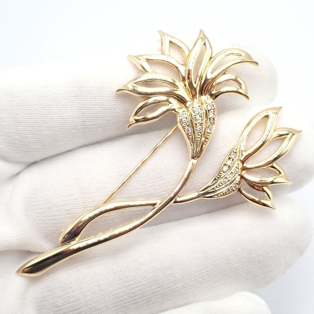 Rare! Vintage Mikimoto 18k Yellow Gold Diamond Large Double Flower Brooch - 7