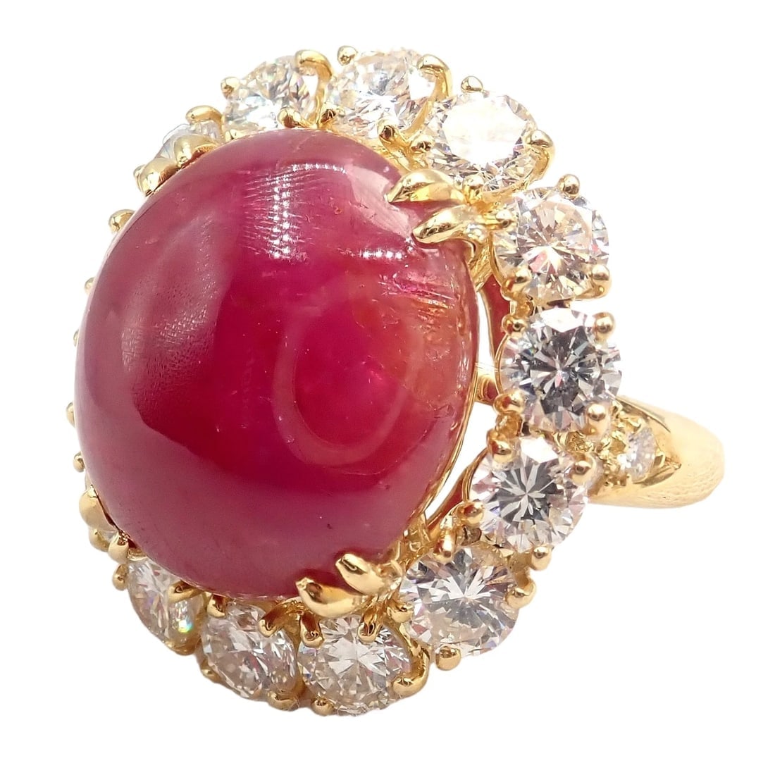 Authentic! Van Cleef & Arpels 18k Yellow Gold Large Cabochon Ruby Diamond Ring - 7
